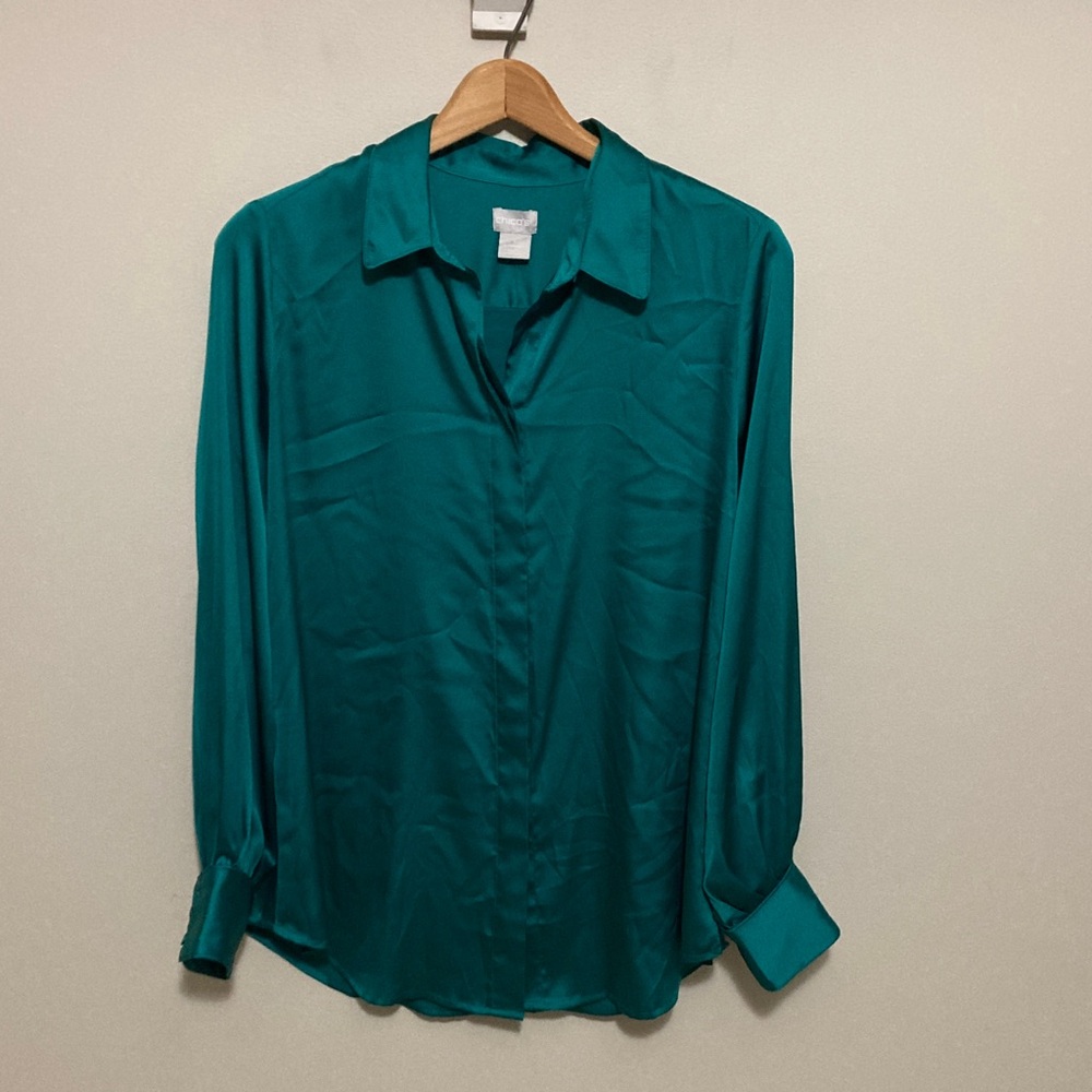 NWT Chico's Pleat Sleeve Bright Jade Green Button Down Shirt, Size Medium